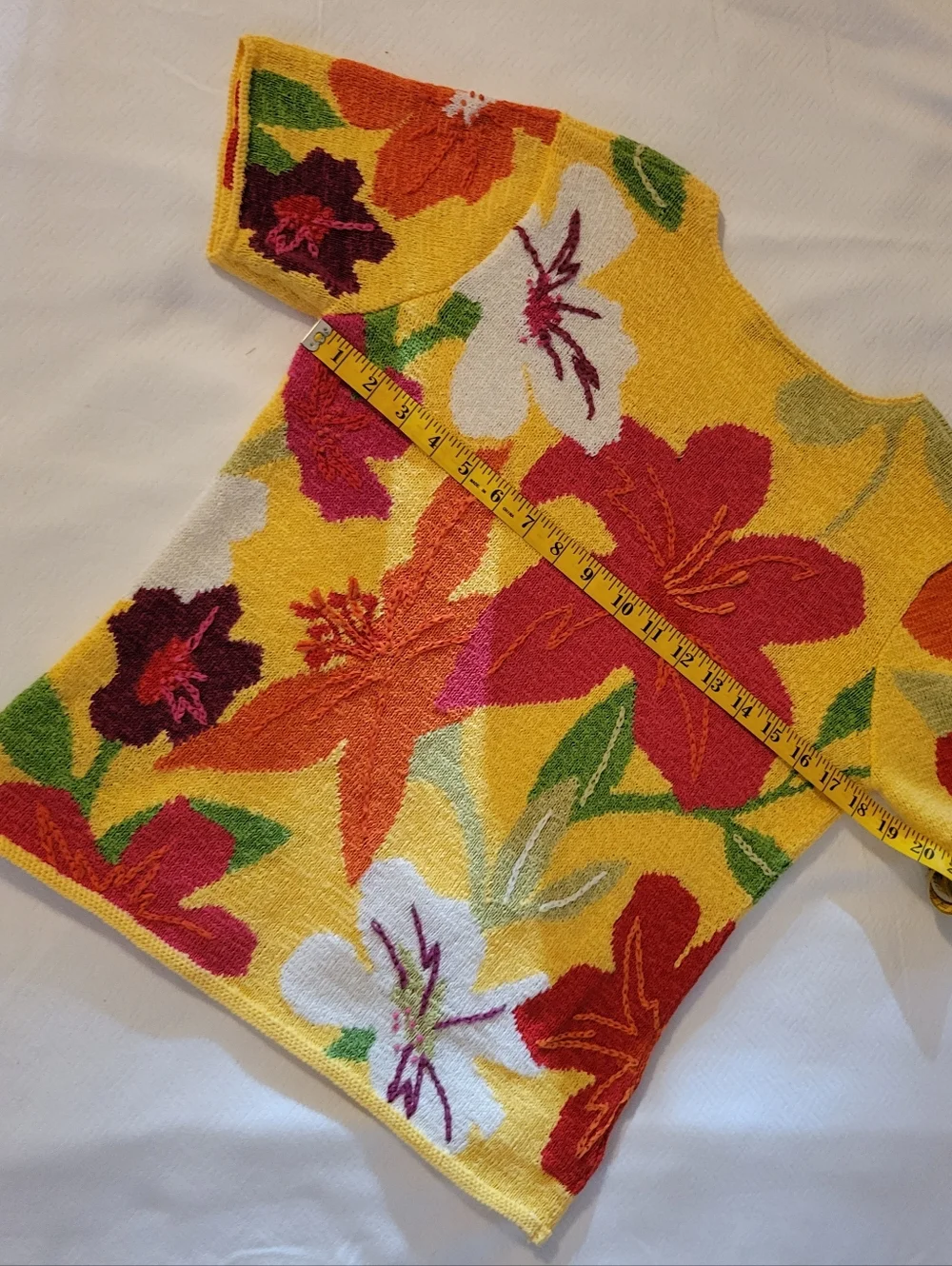 Susan Bristol Yellow Floral Short-Sleeve Crewneck Sweater